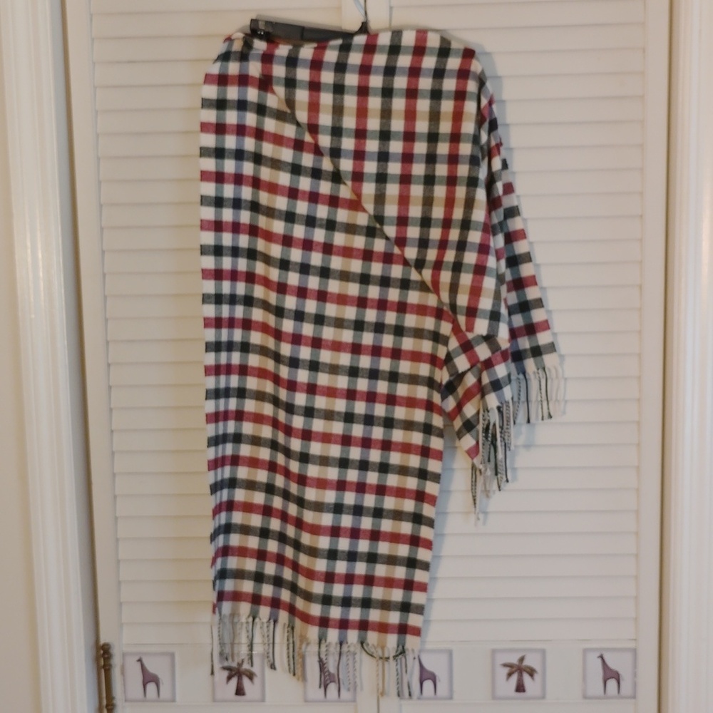 Plaid Fringe Scarf in Cream, Red, Green & Black - Picture 3 of 4